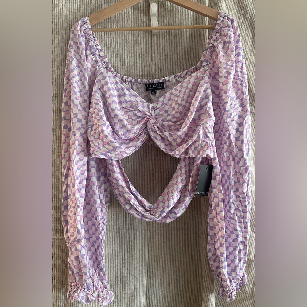 Eloquii Lavender and Pink Checkered Twist Blouse